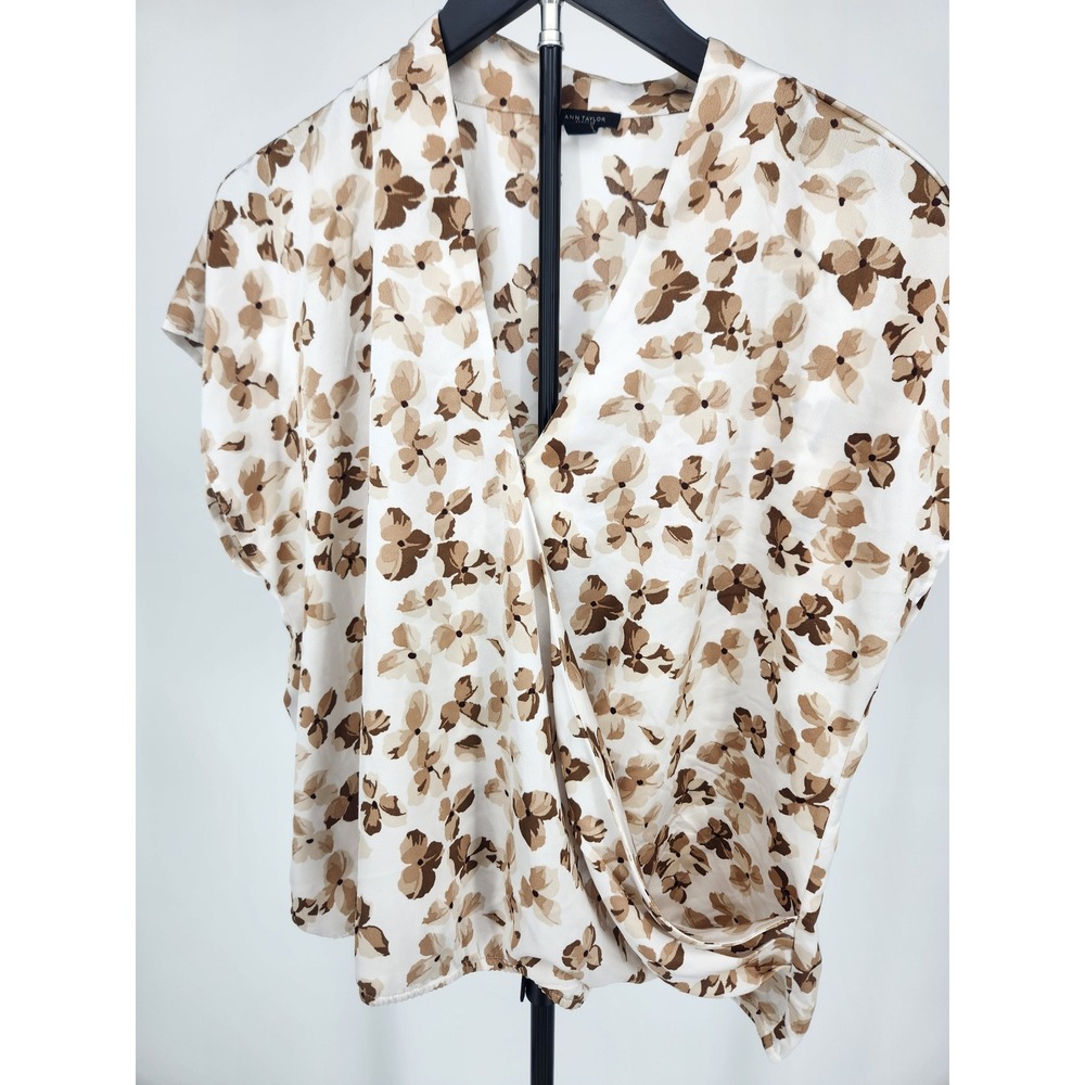 Ann Taylor Factory Floral Surplice Blouse XXL Brown Tan V-Neck Wrap Top